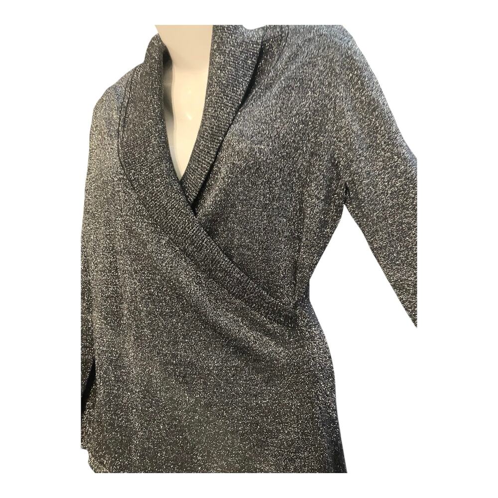 Reba Women's Black/Silver Metallic Faux Wrap Long Sleeve Sweater Dressy SZ M - Picture 6 of 9
